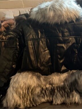 Women's Black Faux Leather Jacket with Gray Faux Fur Trim